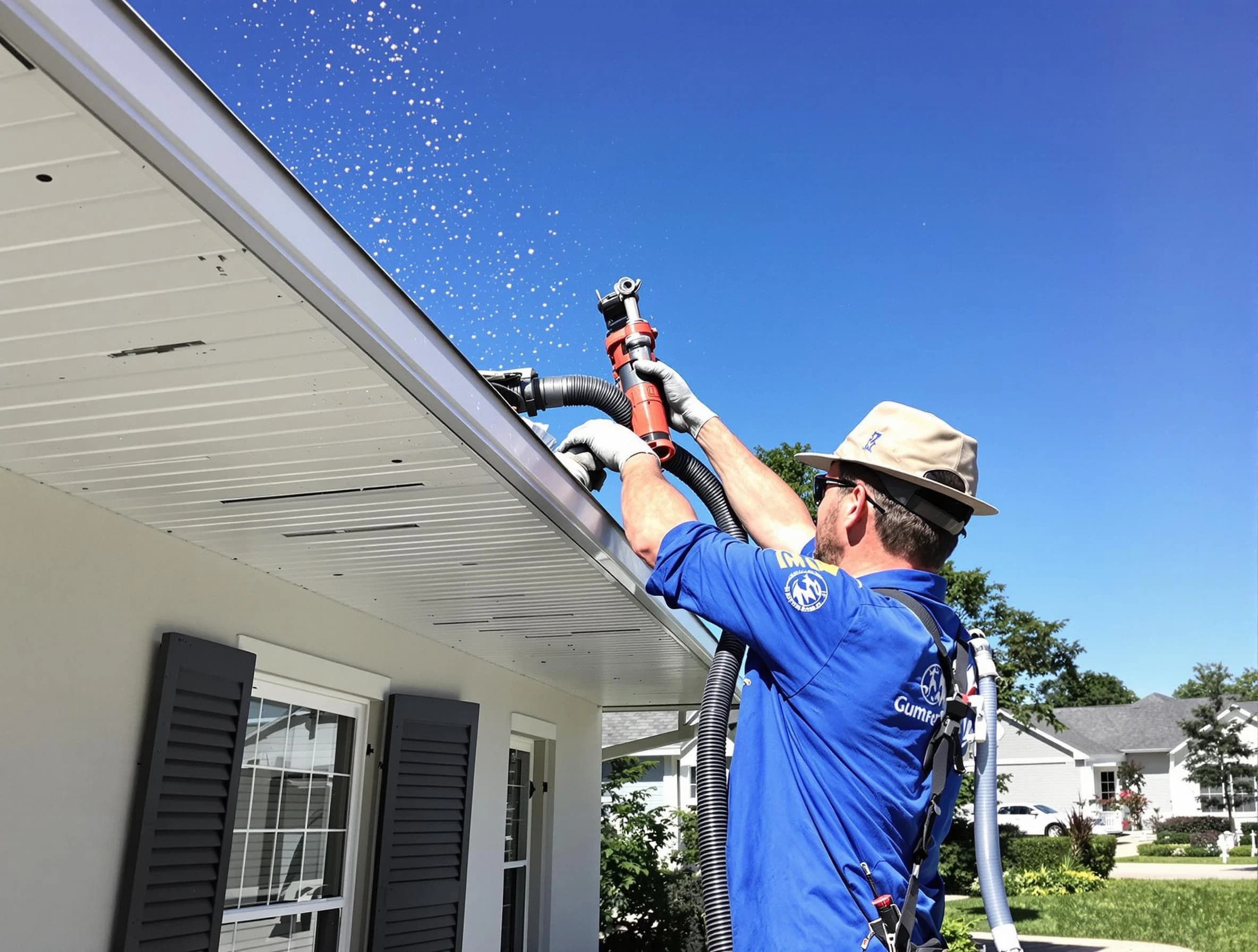 Technician completing a gutter cleaning project by Solon Roofing Company in Solon, OH