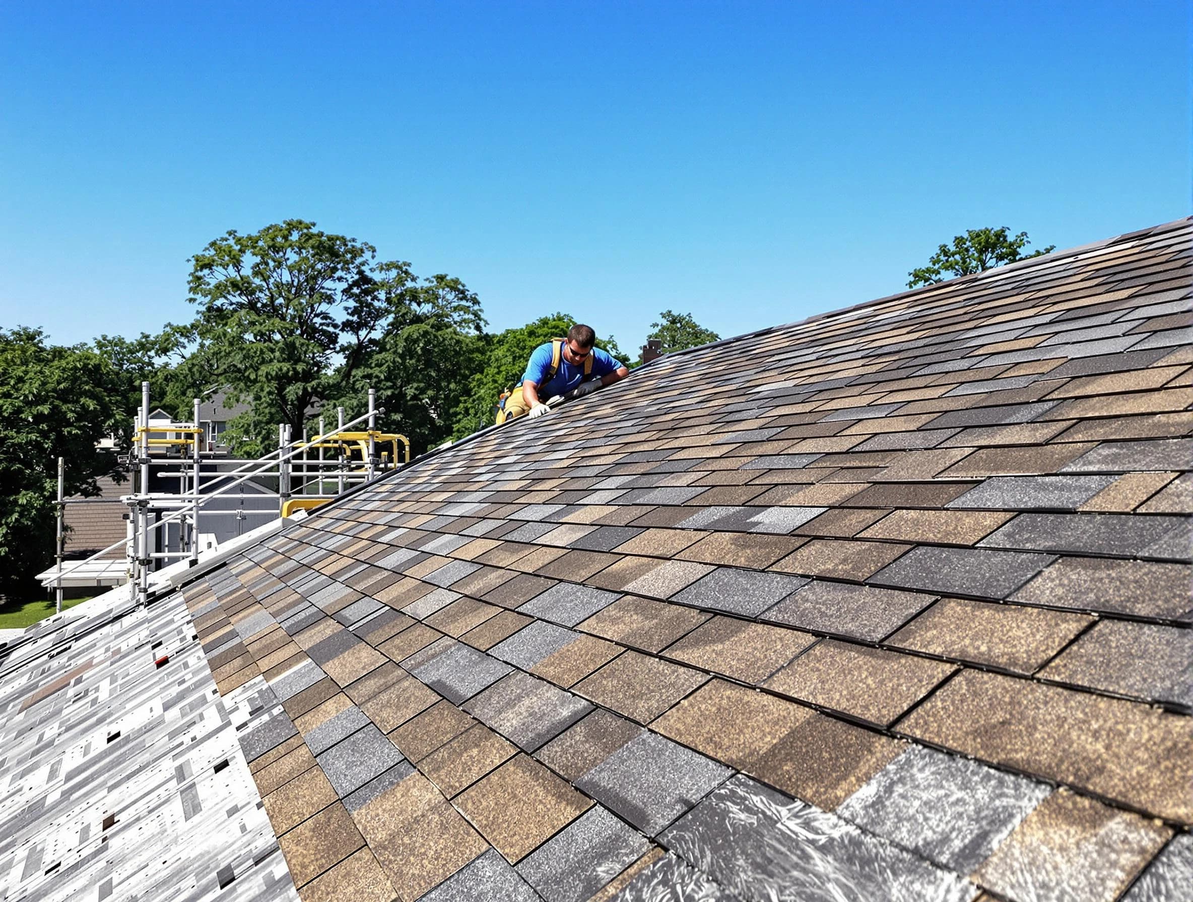 Close-up of new shingles installed by Solon Roofing Company in Solon, OH